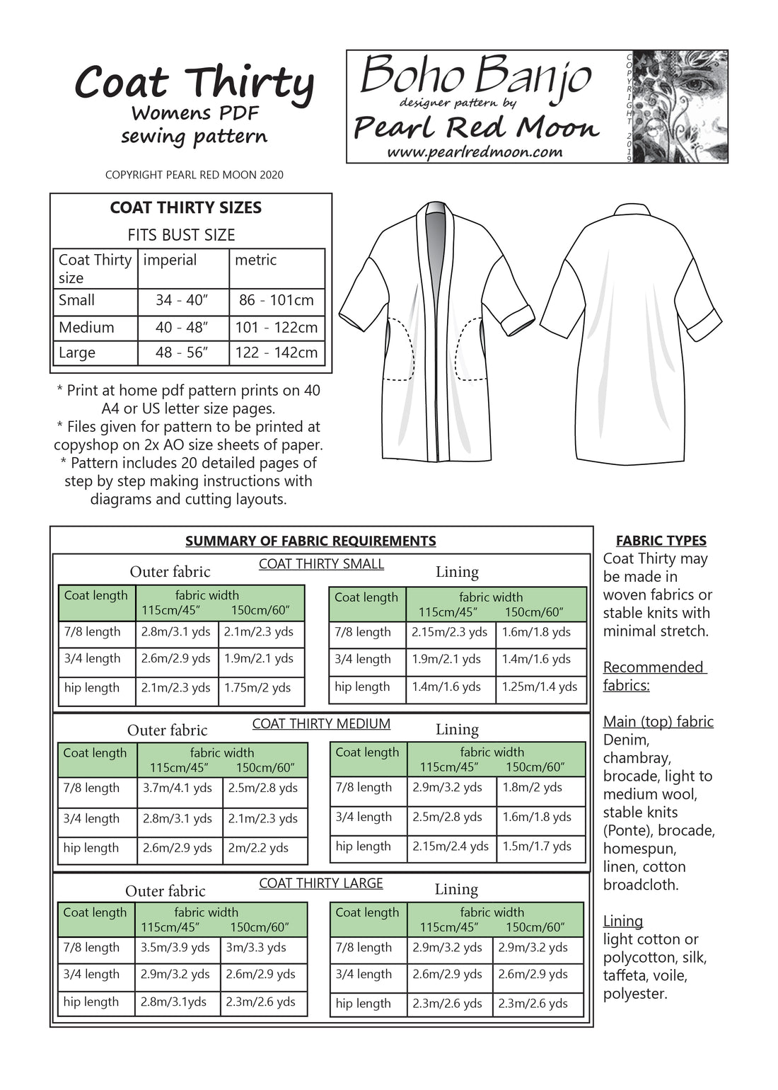 Coat Thirty pdf sewing pattern – Boho Banjo art to wear