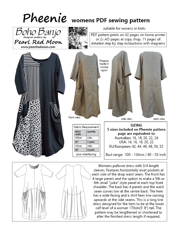 Pheenie Dress, womens PDF sewing pattern – Boho Banjo art to wear